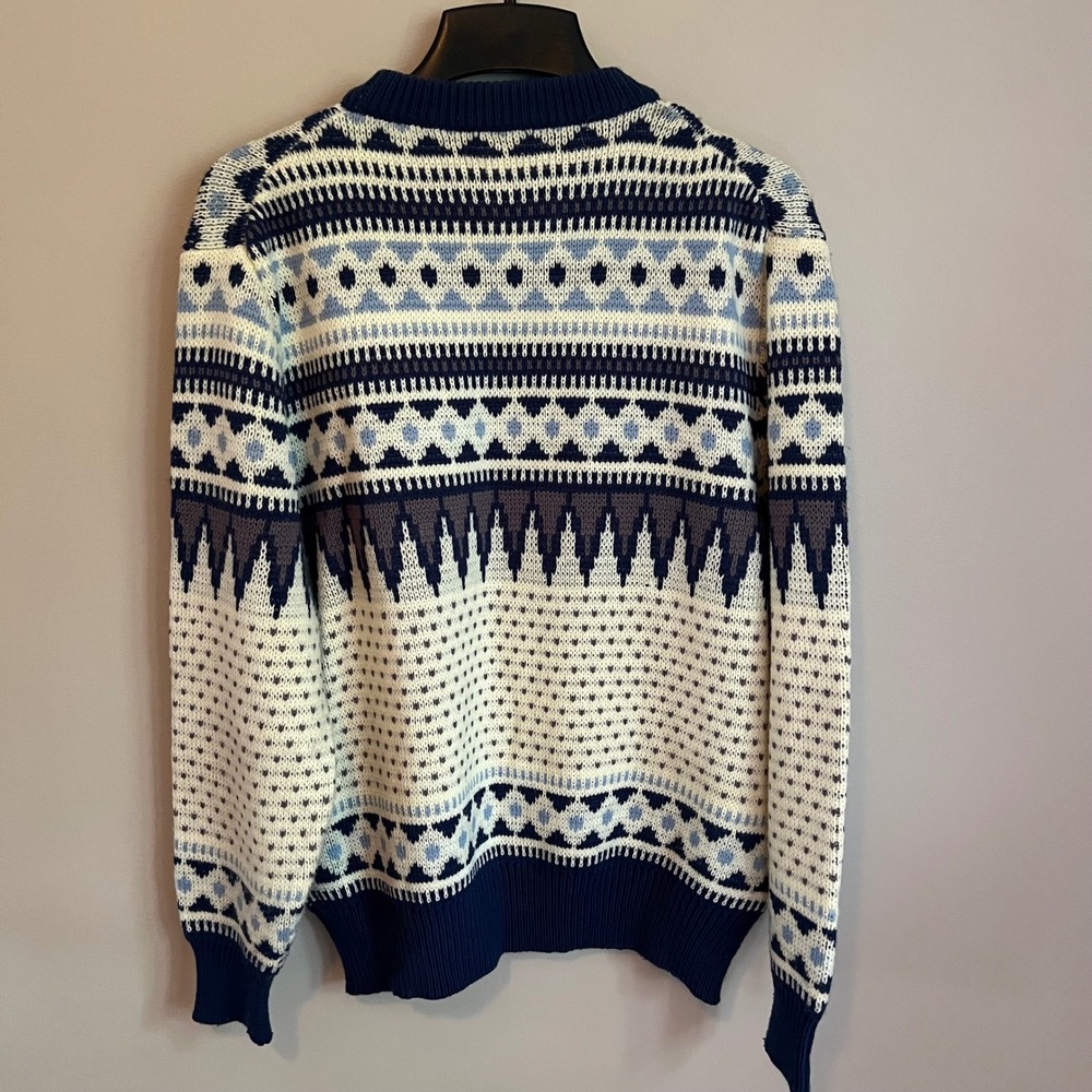 Vintage Snowdrift Fair Isle Nordic Knit Sweater Blue Cream Crew Neck L Aprés Ski - Picture 7 of 7